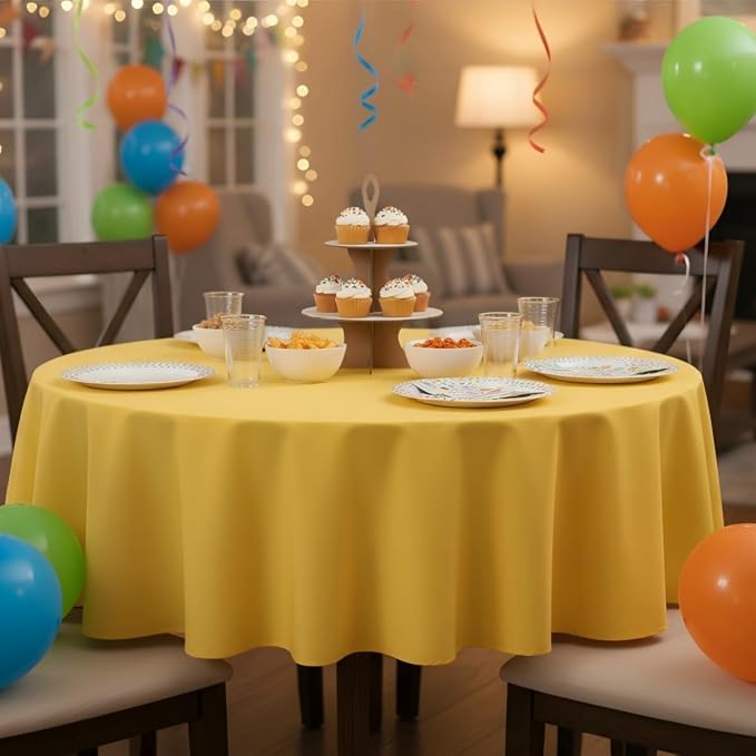 sancua Round Tablecloth - 48 Inch - Water Resistant Spill Proof Washable Polyester Table Cloth Decorative Fabric Table Cover for Dining Tables, Buffet Parties and Camping, Yellow