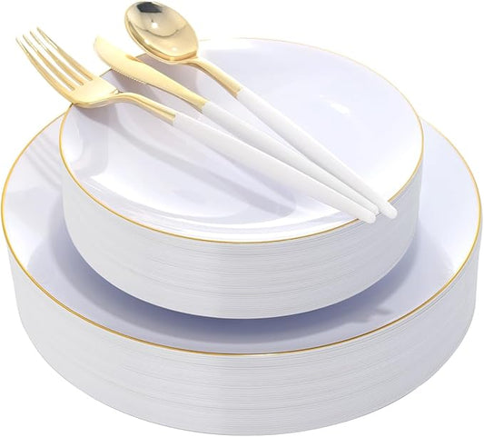 DaYammi 150Pcs Gold Plastic Plates with Disposable Silverware,White Gold Disposable Dinnerware Set - 30 Dinner Plate,30 Dessert Plate,90 Gold Cutlery with White Handles,Fancy Plates for Party Wedding