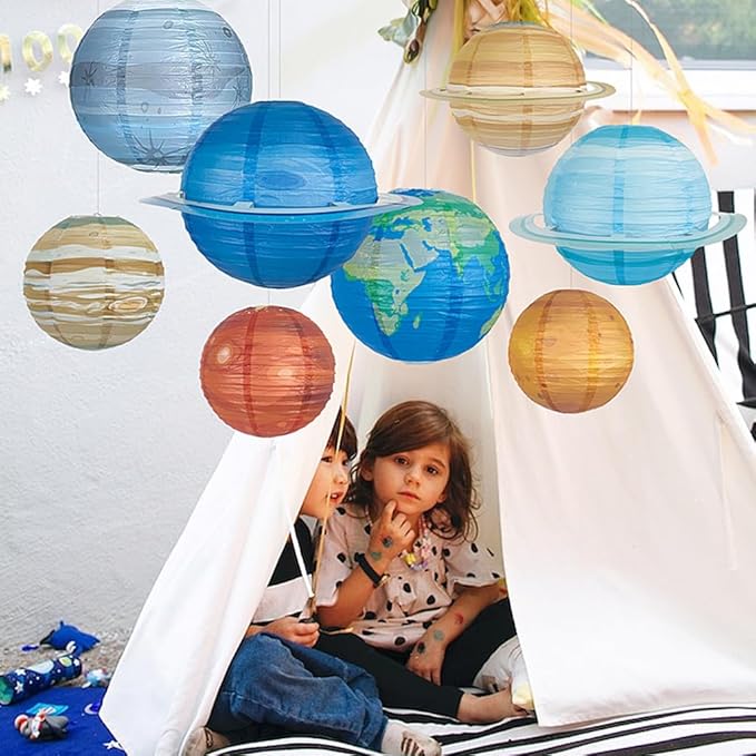 Folding Outer Space Planet Paper Lanterns Reusable Solar System Planets Hanging Lanterns Ornament Lamp Cover for Outer Space Birthday Party Home Decoration Supplies (12 inches;8pcs)