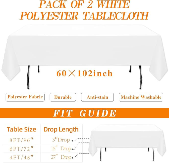 WIGENIUS 2 Pack White Table Cloth Rectangle 60 X 102 Inch Polyester Tablecloths, Wrinkle Resisitant Tablecloth for Wedding Buffet Parties and Dining (White, 2 Pack 60 X 102 inch)