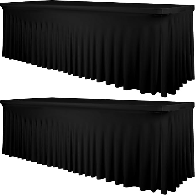 2 Packs Black Stretch Table Skirts for 8 Foot Rectangle Table, Washable Spandex Stretch Tablecloths with Skirt, Wrinkle Resistant Fitted Tablecover for Wedding Party Banquet