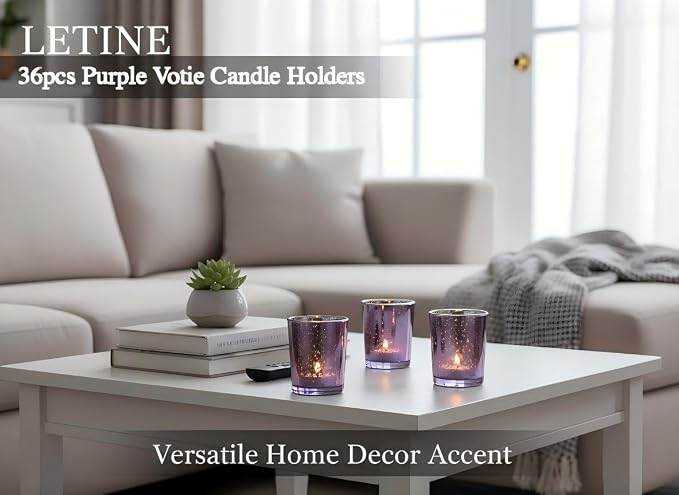 LETINE 36pcs Purple Votive Candle Holders – Glass Tea Light Candles Holder, Standard Votive Size for Regular Votive Candles– Bulk Candle Holder for Party Decoration, Bridal Shower, Home Decor