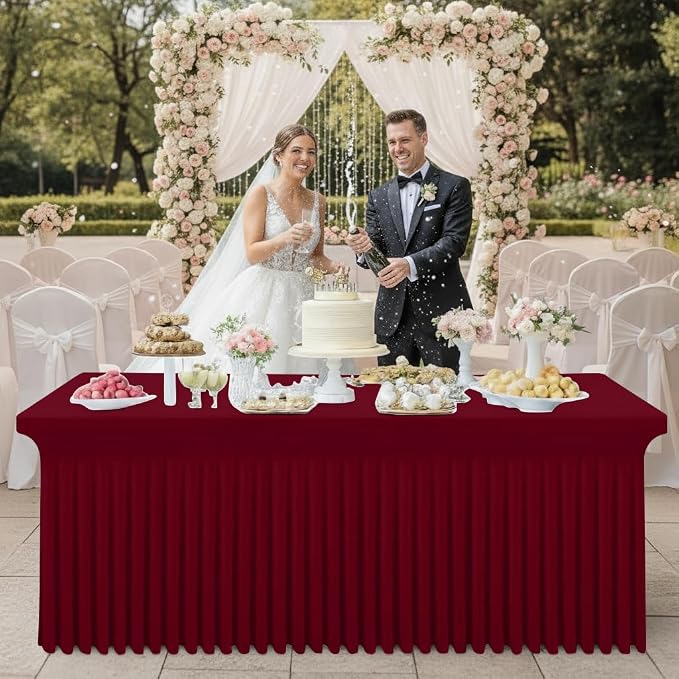 Smiry Spandex Tablecloth 2 Pack, Elastic Fitted Stretch Tablecloth for 6FT Rectangle Tables, Waterproof Washable Table Cover Skirt for Outdoor, Wedding, Banquet & Parties (Wine Red, 72Lx30Wx30H Inch)