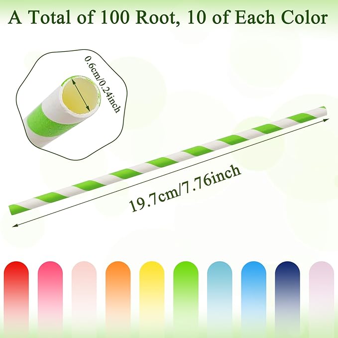 100 Pcs Biodegradable Paper Straws, Assorted Rainbow Colors Striped, 10 Colors for Drinks, Parties, Crafts