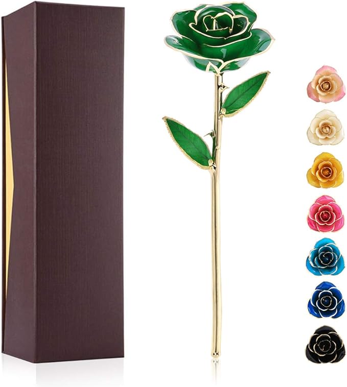 24K Gold Dipped Real Rose Valentines Flower, Golden Friend Romantic Love Girlfriend Confidante Wife Mom Grandma on Birthday Sweetest Day Halloween Thanksgiving, Green