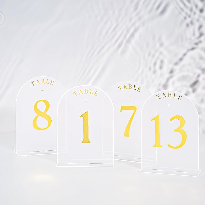 Teruntrue Frosted Arch Wedding Table Numbers 1-20 with Stands, Gold Foil Printed 5x7 Acrylic Table Signs for Reception, Anniversary, Event - Elegant Centerpiece Displays