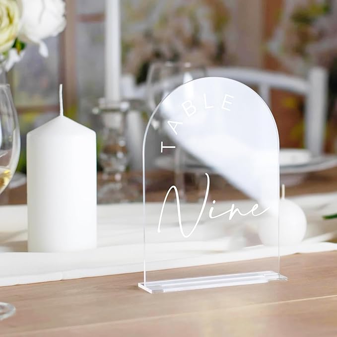 JINMURY Clear Acrylic Arch Table Numbers with Stands, 5x7 Inch Acrylic Arch Sign Table Numbers for Wedding (Clear White Font, 5x7 Inch Table Number 1-15)