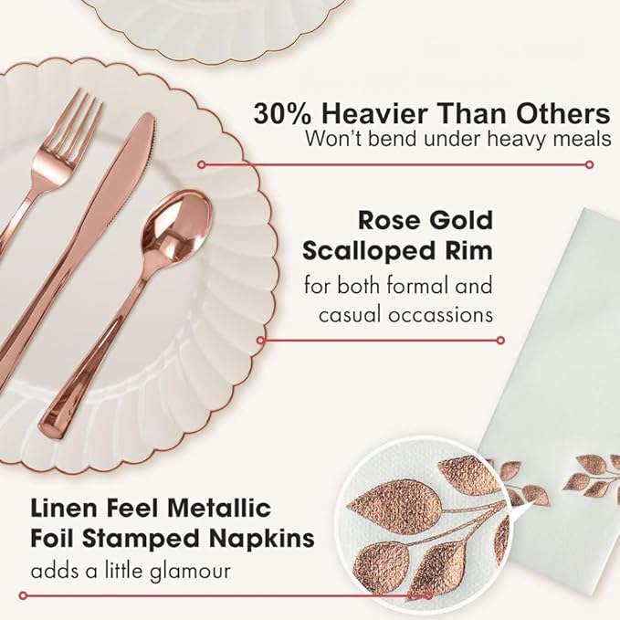 By Madee HEAVYWEIGHT 175 Pc Fancy Disposable Dinnerware Set | Ivory Scalloped Rose Gold Plates and Napkins, Cutlery | Elegant Disposable Plates Set for Wedding, Bridal Shower, Baby Shower (25 Guests)