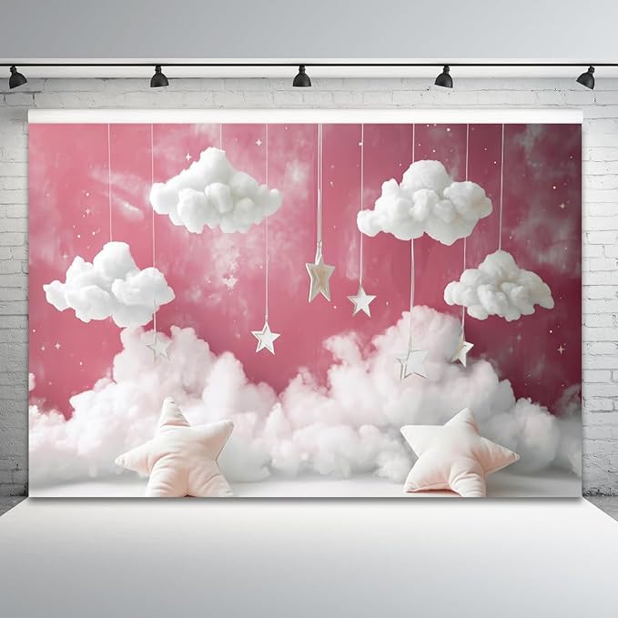 15x10ft Cloud Backdrop Sky Starry Star White Pink Photography Background Baby Shower Banner for Girl Baby Birthday Party Decoration Newborn Photoshoot Prop Cake Smash Photo Booth Prop