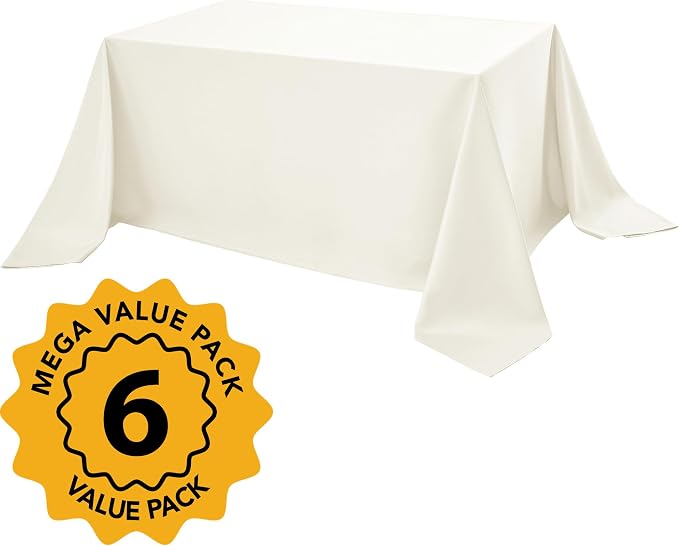6-Pack Ivory Tablecloths for Rectangle Tables, 90 x 132 Inches, Stain-Resistant Polyester Fabric for 8 Foot Tables - Washable Table Covers for Weddings, Banquets, Birthday Parties, Events