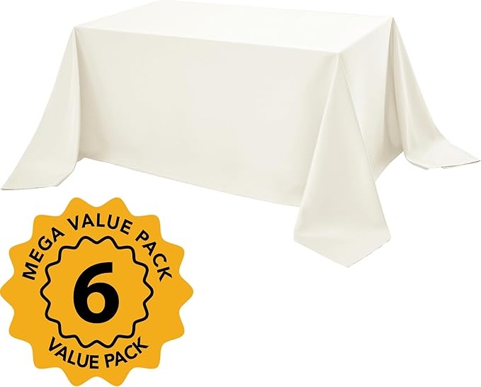 6-Pack Ivory Tablecloths for Rectangle Tables, 90 x 156 Inches, Stain-Resistant Polyester Fabric for 8 Foot Tables - Washable Table Covers for Weddings, Banquets, Birthday Parties, Events