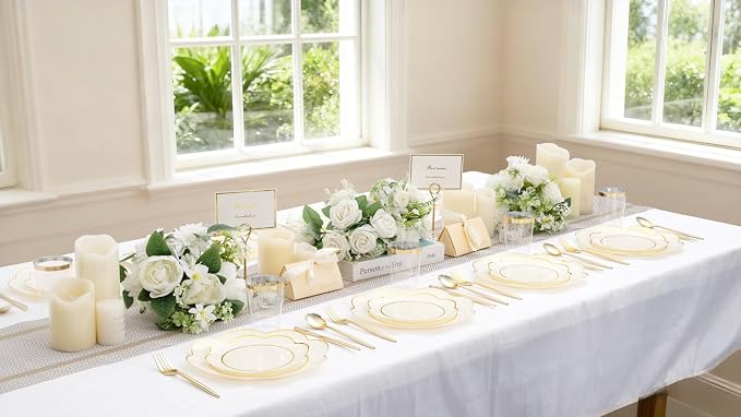 ejonirinjonir EI 180pcs Beige Plastic Plates with Gold Plastic Silverware,Heavy-Duty Disposable Plates for Party,White Dinnerware Set for 30 Guest Wedding,Afternoon Tea,Spring,Valentine's Day,Easter