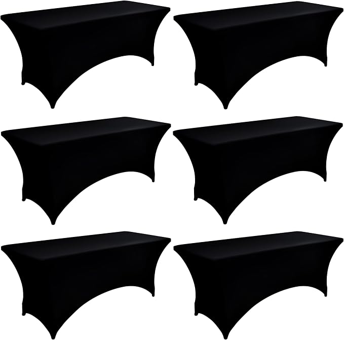 6-Pack 6ft Black Spandex Table Covers for Rectangle Standard Folding Tables - Wrinkle Resistant Stretch Tablecloths - Ultimate Fitted Table Protector for Parties, Trade Shows, Wedding