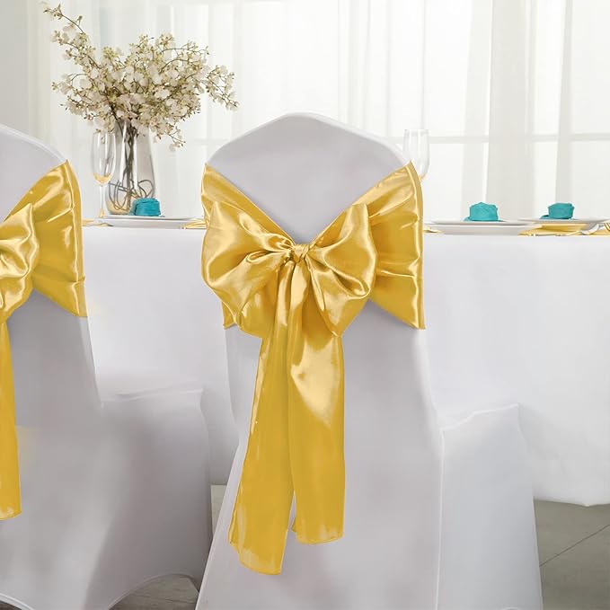 Horbaunal 12 Pack Yellow Gold Satin Table Runner 12 x 108 Inch, Smooth Table Runners for Wedding Banquets Birthday Party