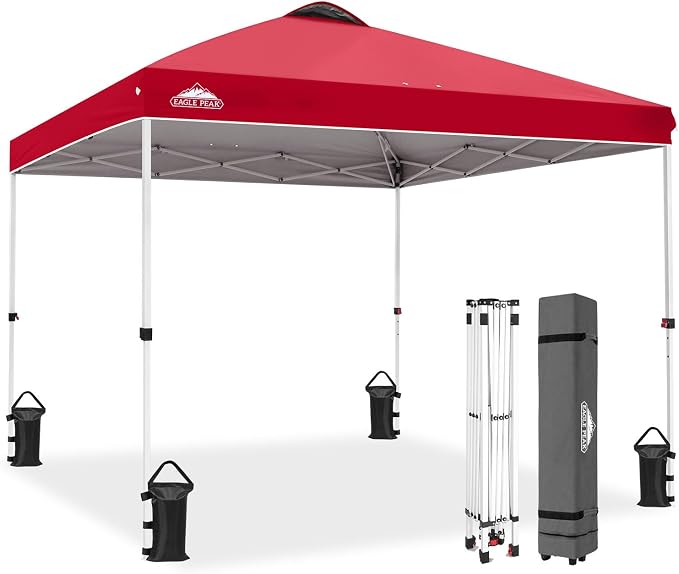 EAGLE PEAK Pop Up Canopy Tent with Wheeled Carry Bag, 8 Stakes, 4 Ropes, 4 Weight Bags, Easy Set Up Tent Canopy, 10x10 ft, 100sqft of Shade, Red
