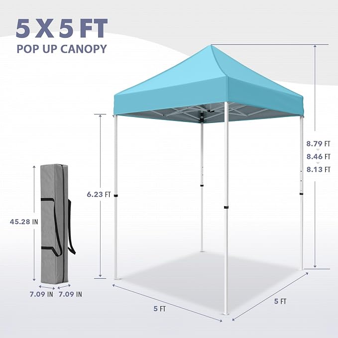 5x5 Pop Up Canopy Tent, Instant Portable Beach Canopy, Outdoor Tent with Carry Bag for Camping, Sports, Tailgating, Events, Light Blue