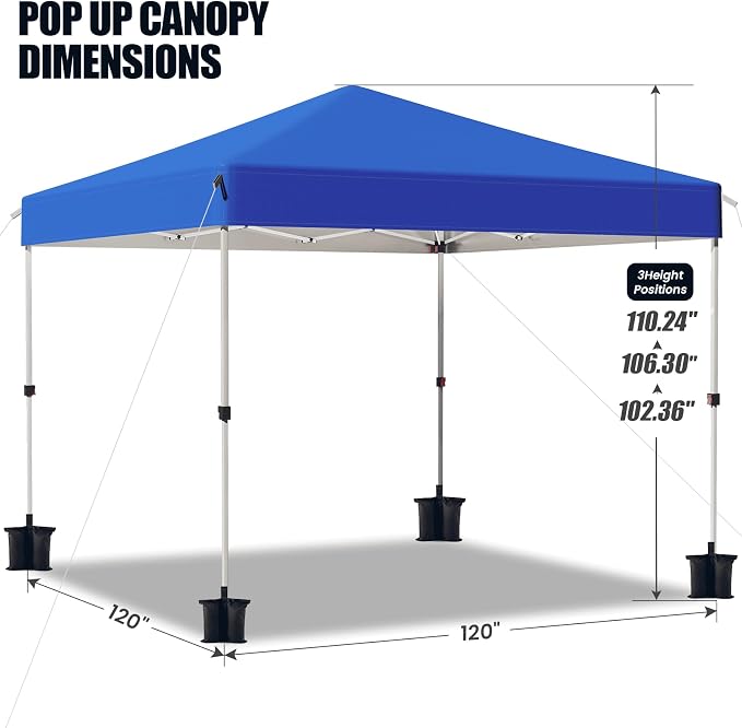 10x10 Pop Up Canopy Tent,Outdoor Canopy with One Push Setup,Easy Up Canopy with 3 Adjustable Height,4 Sandbags, UPF 50+ Event Shelter Tents for Parties,Camping,Market,Patio(Blue)