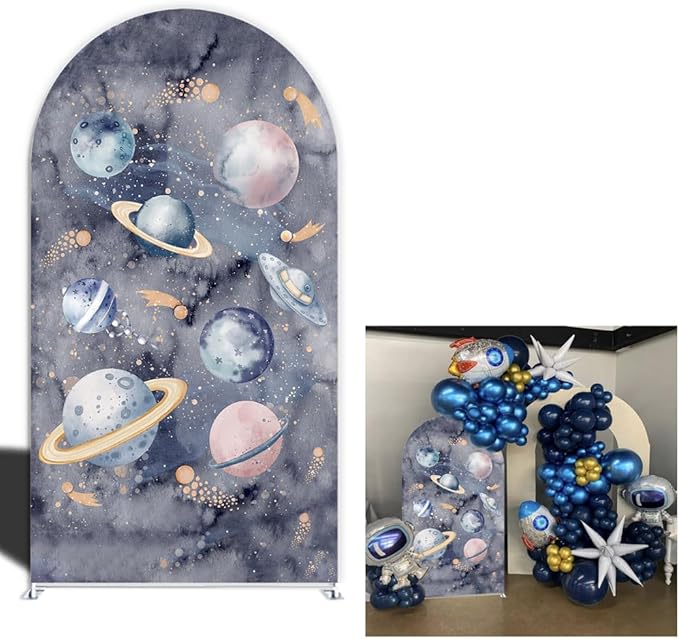 First Trip Around The Sun Arch Cover Backdrop Outer Space Astronaut 1st Birthday Party Background Boy Kids Galaxy Planet Rocket,Spandex Curved Top (Stand is not Included) (G4340,3.3x6.5ft (W*H))