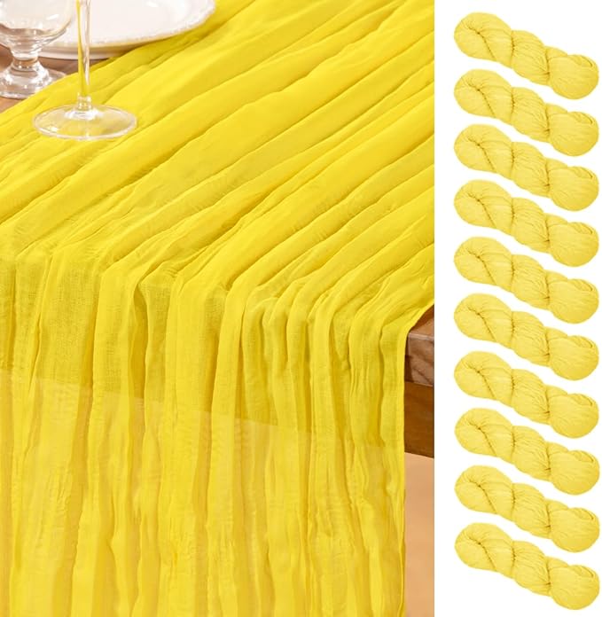 DeZerlor Lemon Yellow Cheesecloth Table Runner 10 Pack Spring Easter Table Runners Boho Gauze 120 Inches Yellow Cheese Cloth Table Decor for Wedding Bridal Baby Shower Parties