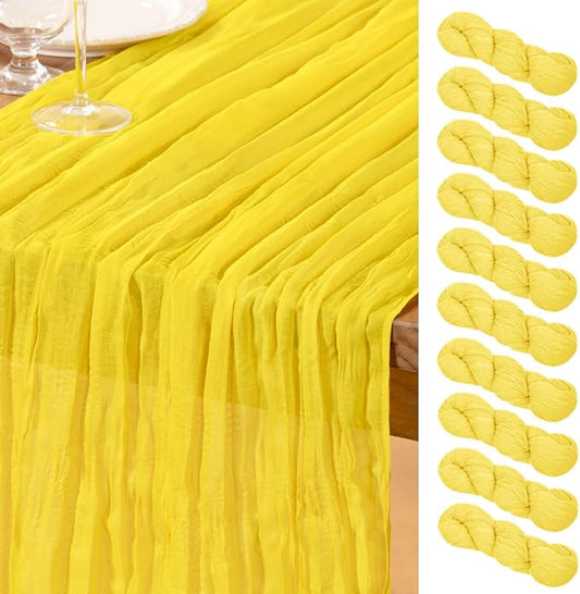 DeZerlor Lemon Yellow Cheesecloth Table Runner 10 Pack Spring Easter Table Runners Boho Gauze 120 Inches Yellow Cheese Cloth Table Decor for Wedding Bridal Baby Shower Parties