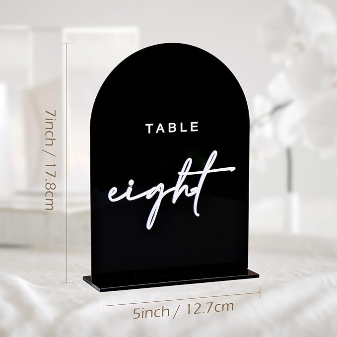 Black Arched Wedding Table Numbers 1-20 with Stands, 5x7 Inch Acrylic Arch Sign with Raised White Numbers, 3D Arched Acrylic Table Numbers for Wedding Reception