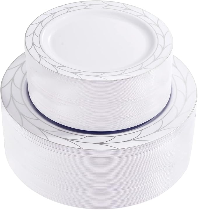 COLOSUS 100pcs Disposable Silver Plastic party plates, Heavy Duty Silver White Plastic Plates set 50 Dinner Plate, 50 Salad Plate for Wedding, Birthday, Party dinner