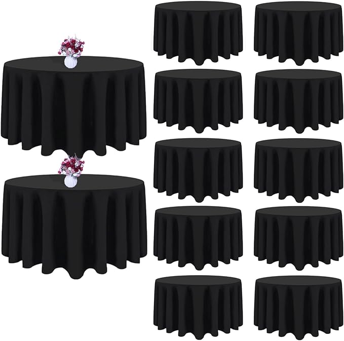12 Packs 90 Inch Black Round Tablecloth in Diameter, Washable Polyester Fabric Tablecloths, Wrinkle Resistant Table Cloth for Wedding Party Banquet Dining