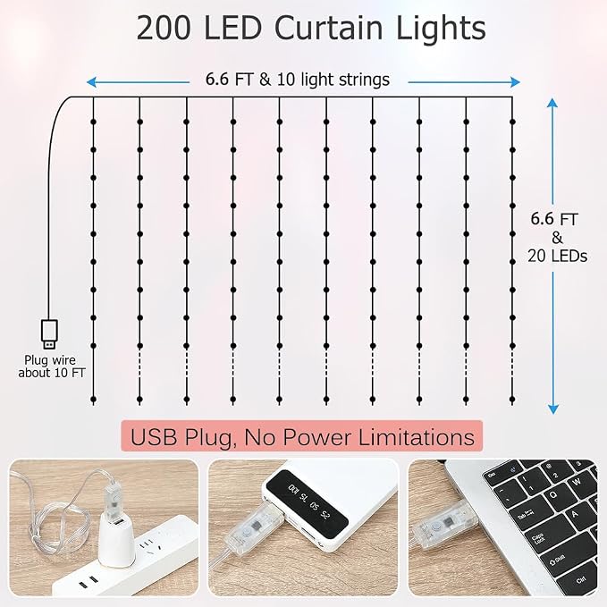 LED Curtain Lights 6.6FTx6.6FT,200 RGB Color Changing Fairy Lights | 200+ Lighting Modes,APP & Remote Control,Timer,Dimmable,Waterproof String Lights for Bedroom Wall Patio Party Christmas Decor