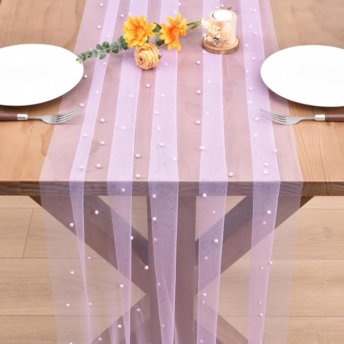 Lilac Pearl Table Runner Boho Rustic Tulle Lace Dining Baby Shower Wedding Arch Decor Veil Dessert Holiday Centerpiece Table Decor 3pcs