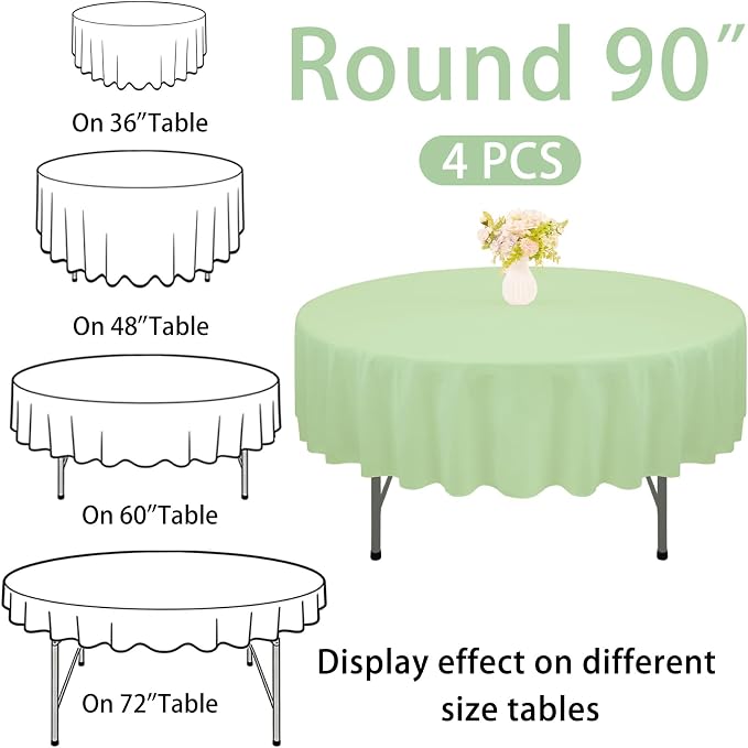 4 Pack Round Tablecloth 90 Inch White Polyester Washable Decorative Fabric Table Covers for Wedding Dining Table Buffet Parties Banquet Decor(Sage Green)