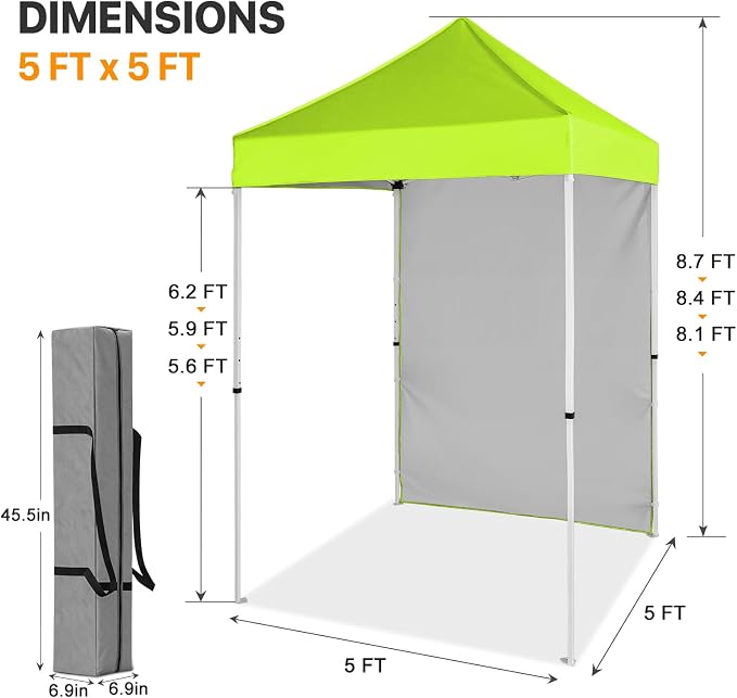 COOS BAY 5x5 Pop Up Canopy Tent with Side Wall, Easy Setup Portable Sun Shelter with Carry Bag, Outdoor Shade for Beach, Camping, Sports & Backyard, Neon Green