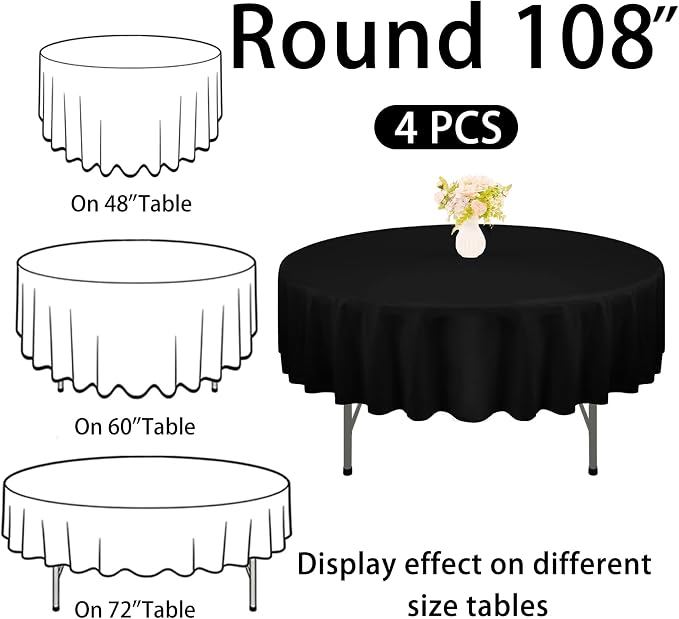 4 Pack Round Tablecloth 108 Inch Black Polyester Table Cover for Round Tables Washable Fabric for Wedding Dining Table Buffet Parties Banquet Decor