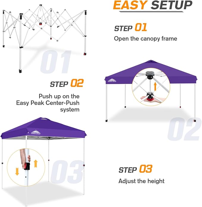 EAGLE PEAK Pop Up Canopy Tent with Wheeled Carry Bag, 8 Stakes, 4 Ropes, Easy Set Up Tent Canopy, 6.6x6.6 ft, Purple