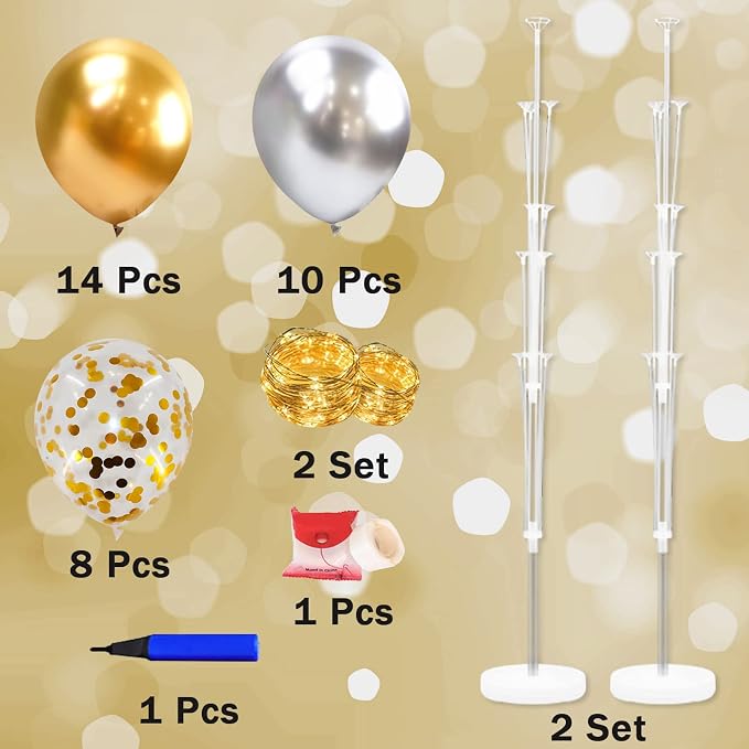 Cicicooie Balloon Stand Kit for Floor with String Light 2 Set Gold and Silver Centerpieces Balloon Holder Decoration for Wedding Adult Birthday Party Bachelorette Party Graduation