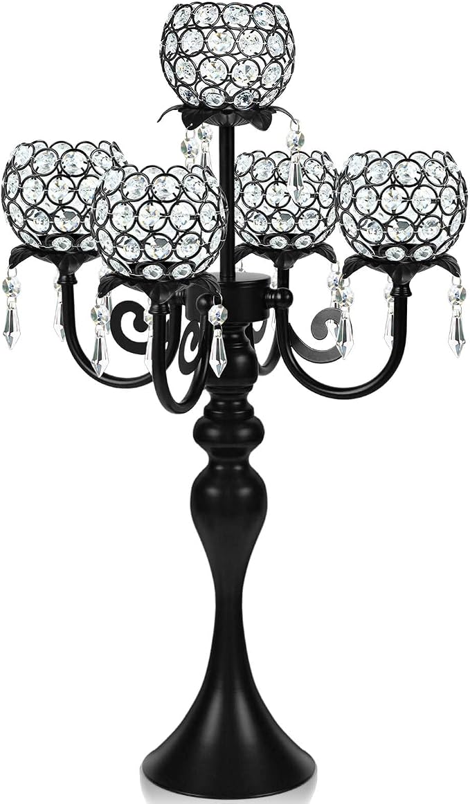 22.5" Black Metal & Crystal Tea Light Candle Holder - Wedding, Party Centerpiece for Events, Decorative Chandelier (1, Black)