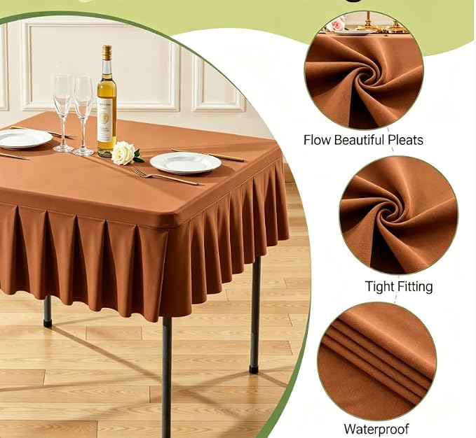Shillance 48x48 Inch Brown Spandex Square Tablecloth, Wrinkle Free Brown Fitted Table Cloth for Square Tables,Washable Pleated Table Cover for Wedding Birthday Cocktail Party Buffet Dinner Camping