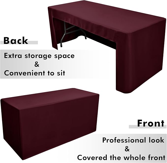 Nasitos 2 Pack 8' Fitted Table Cloth for Rectangular Table Burgundy Trade Show Table Covers-Open Back Valentines Tablecloth Washable and Wrinkle Resistant Table Cloth, Parties, Buffet, Baby Shower