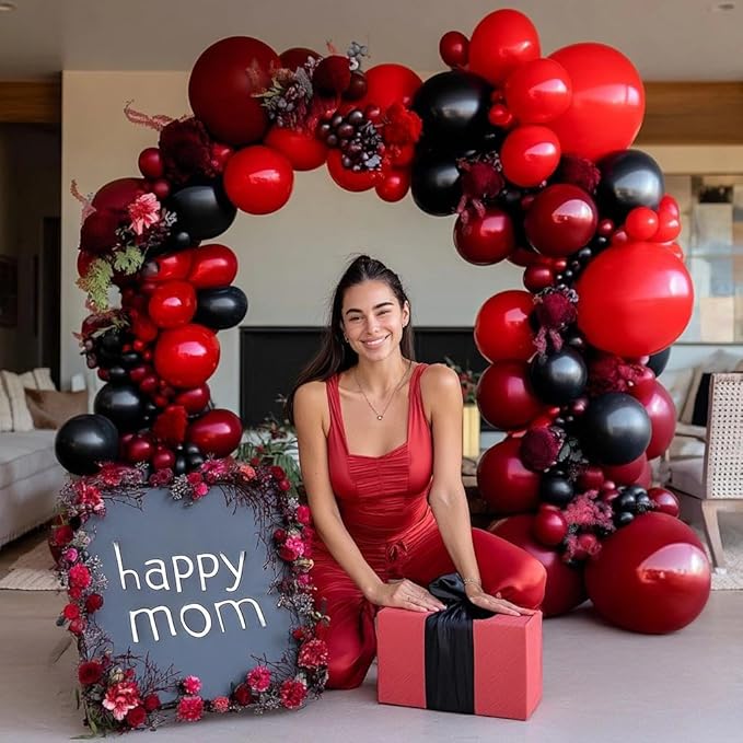 Black Red Balloon Garland Double Stuffed Burgundy Black Balloons Maroon Ruby Red Balloon Arch for Birthday Wedding Bridal Bachelorette Mother's Day Graduation Party Decorations