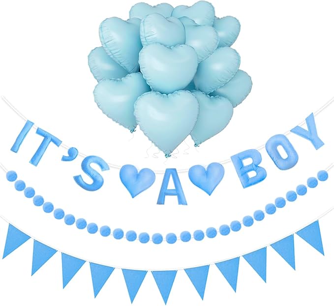 Gender Reveal Banner Set with Pre-Strung 3D it is a boy Felt Banner, Pom Pom Garland, Triangle Fabric Bunting, 12 PCS Blue Heart Shaped Balloons, Baby Shower Decorations for Boys