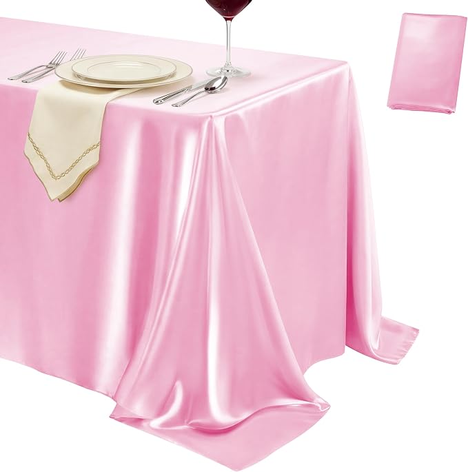1 Pack Pink Satin Tablecloth 58 x 102 Inches, Rectangular Satin Table Cloths for Wedding Reception, Birthday Party, Graduation & Holiday Banquet Tables
