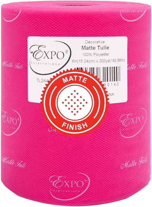 Expo International Decorative Matte Tulle, Roll/Spool of 6” X 200 Yards, Lightweight Polyester Tulle Fabric for Tutus, Costumes, and Party Decorations, Washable, Easy-to-Use, Fuchsia