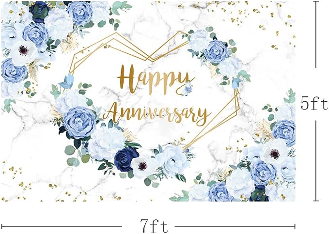 MEHOFOND 7x5ft Happy Anniversary Backdrop Blue and White Floral Wedding Anniversary Photography Background Hearts Geometric Couple Wedding Women Birthday Party Cake Smash Decor Studio Photo Props