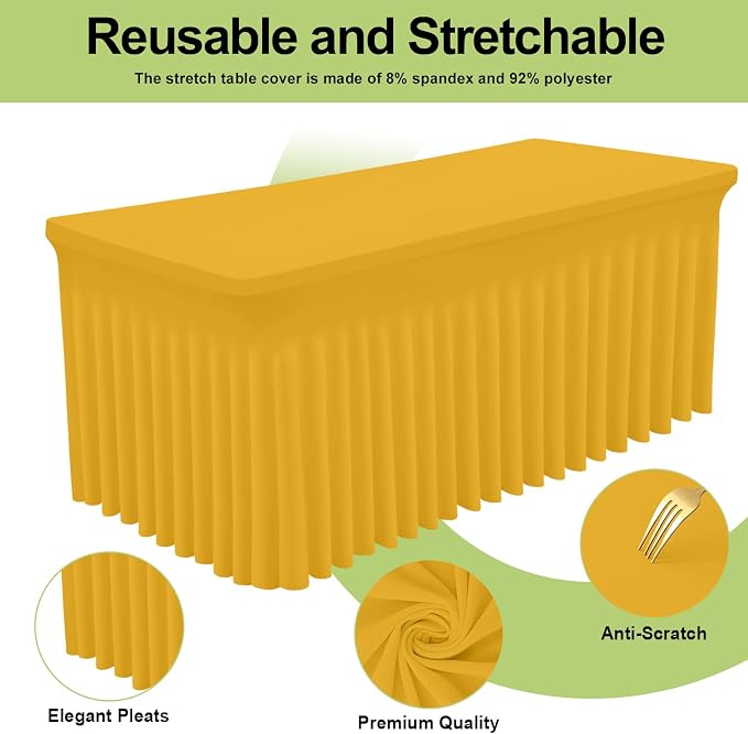 Smiry Spandex Tablecloth, Elastic Fitted Stretch Tablecloth for 6FT Rectangle Tables, Waterproof Washable Table Cover Skirt for Outdoor, Wedding, Banquet & Parties (Mustard Yellow, 72Lx30Wx30H Inch)