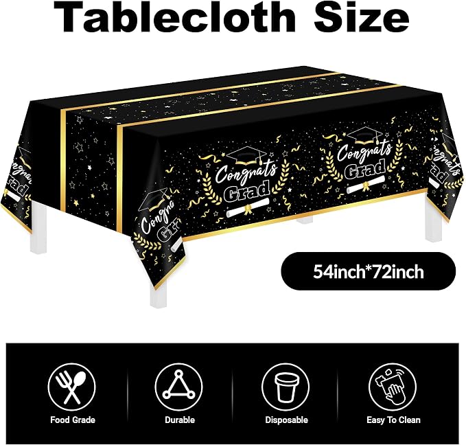 Graduation Decorations 2026 Graduation Party Decorations,147 PCS Disposable Graduation Grad Tableware,Black and Gold Graduation Tablecloth Knives Fork Plates Napkin Cups Graduation Party for 24 Guests