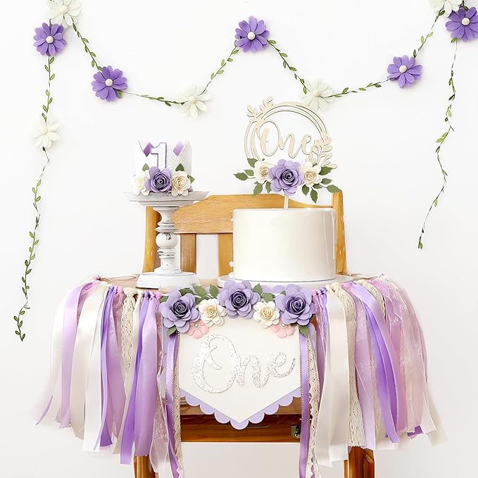 JUIIZAY First Birthday Decorations for Girl Purple High Chair Banner One Flower Cake Topper Floral Hat Wildflower Garland 1st Birthday Decoration Supplies
