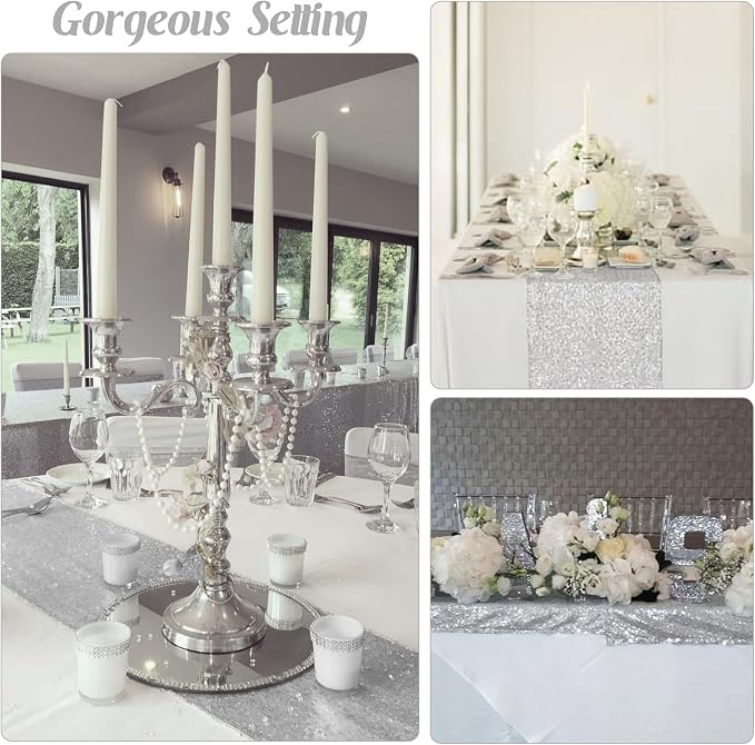 6 Pack Silver Sequin Table Runner 12" x 72" Sparkle Table Runner for Baby Bridal Shower Wedding Birthday Party Table Decor (Silver)