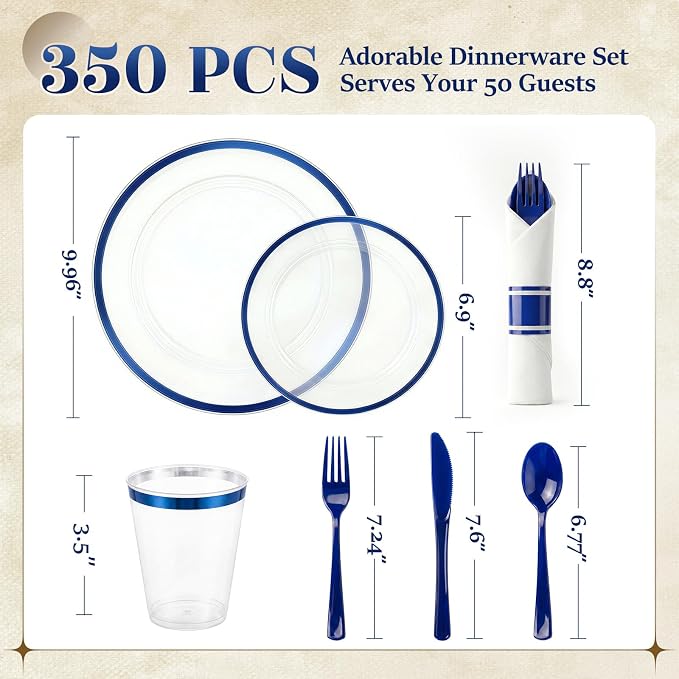 350pcs Plastic Plates for Party Clear & Blue | Disposable Plastic Dinnerware Set for 50 Guests Include 100 Plastic Plates,50 Cups & 50 Pre Rolled Napkins with Cutlery Set