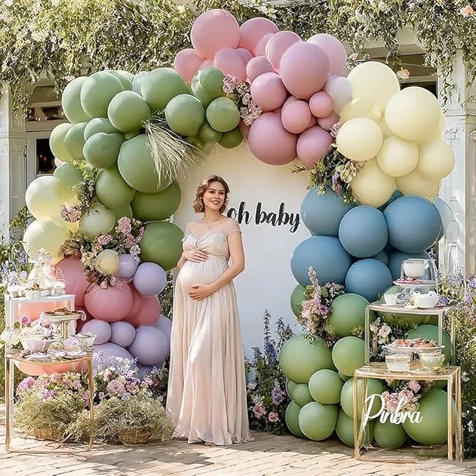 Blue Green Pink Balloon Garland Double Stuffed Sage Green Dusty Blue Pink Purple Lavender Balloons Pastel Balloon Arch Kit for Birthday Baby Shower Gender Reveal Flower Tea Party Decorations