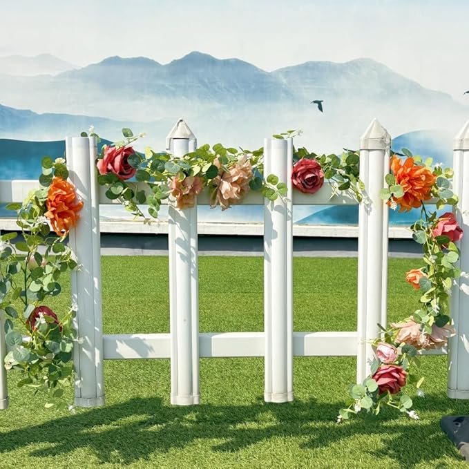 Artificial Flower Garland，6.5Ft Fake Dahlia Rose Floral Eucalyptus Greenery Garland Vine for Wedding Arch，Table Runner Centerpieces Backdrop Room Wall Hanging Plant Decor（Orange）
