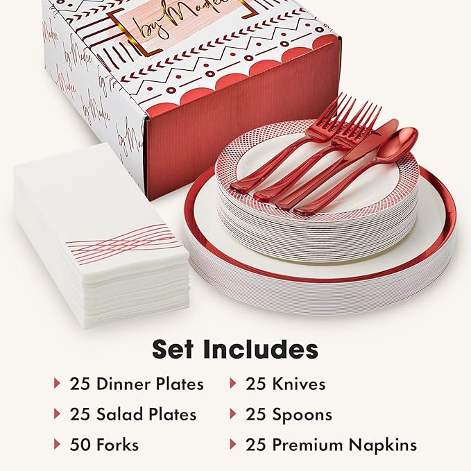By Madee HEAVYWEIGHT 175 Pc White and Red Disposable Dinnerware Set – Fancy Plastic Plates for Party, Wedding & Bridal Shower (Serves 25)